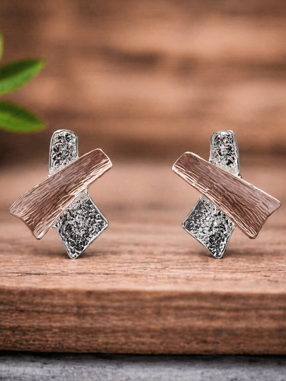 Modern Two-Tone Silver and Rose Gold Post Earrings - Picture 1 of 5
